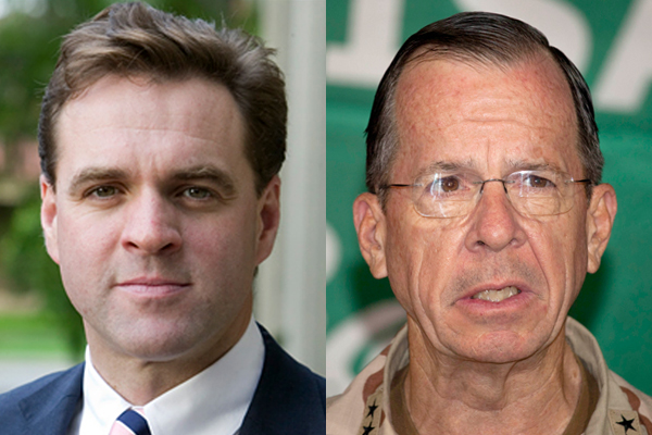 Pro-war historian Niall Fergusson and Joint Chiefs of Staff Chairman Adm. Mike Mullen (<a href="http://nsb.com/speakers/view/niall-ferguson">nsb.com</a>/AP)