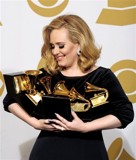 Adele poses backstage with her six awards at the 54th annual Grammy Awards on Sunday, Feb. 12, 2012 in Los Angeles. Adele won awards for best pop solo performance for "Someone Like You," song of the year, record of the year, and best short form music video for "Rolling in the Deep," and album of the year and best pop vocal album for "21." (AP Photo/Mark J. Terrill) (AP)