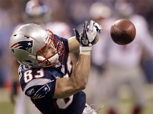 New England Patriots wide receiver Wes Welker drops a pass during the second half of the NFL Super Bowl XLVI football game against the New York Giants, Sunday, Feb. 5, 2012, in Indianapolis. (AP/Matt Slocum)