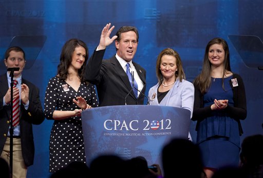 Republican presidential candidate Rick Santorum speaking to the Conservative Political Action Conference in Washington, Friday, Feb. 10, 2012. (AP)