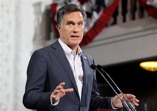 Republican presidential candidate, former Massachusetts Gov. Mitt Romney speaks at his Colorado caucus night rally in Denver, Tuesday, Feb. 7, 2012. (AP Photo/Gerald Herbert) (AP)