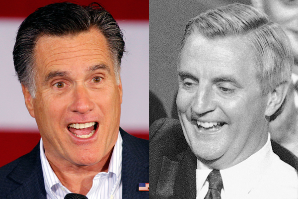 Mitt Romney. Right: Democratic presidential nominee Walter Mondale in 1984 (AP)