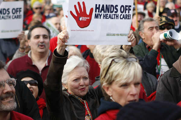 Demonstrators protest against the healthcare bill outside the Capitol in Washington on Dec. 15, 2009. (Kevin Lamarque / Reuters)