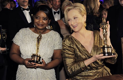 Octavia Spencer with the Oscar for best actress in a supporting role for "The Help", left, and Meryl Streep with the Oscar for best actress in a leading role for "The Iron Lady." (AP Photo/Chris Pizzello) (AP)