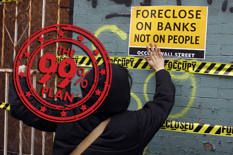 An Occupy Wall Street demonstrator pastes signs to a foreclosed property in Brooklyn on Dec. 6, 2011. (REUTERS/Mike Segar)