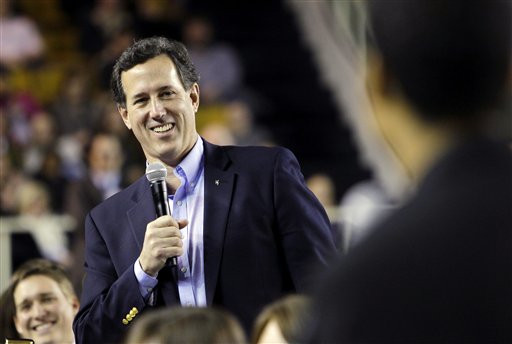 Republican presidential candidate former Pennsylvania Sen. Rick Santorum listens to a student's question at Oral Roberts University, Thursday, Feb. 9, 2012, in Tulsa, Oklahoma. (AP Photo/Eric Gay) (AP)