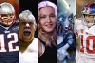 Tom Brady, Madonna, Eli Manning, and clips from the Superbowl ads. (AP)