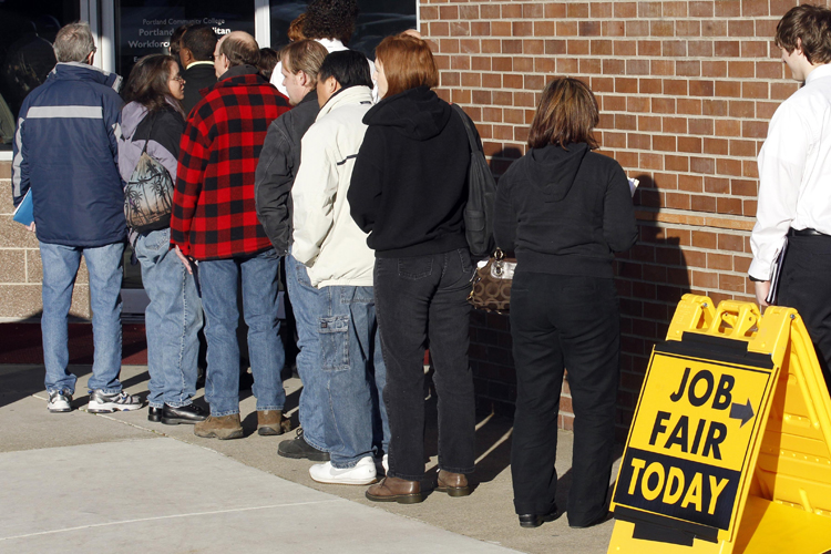 People waiting in line at a job fair in Portland, Ore. (AP/Rick Bowmer)