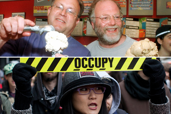 Ben & Jerry founders Jerry Greenfield and Ben Cohen (top) and an Occupy Wall Street protester. (AP/Toby Talbot/John Minchillo)