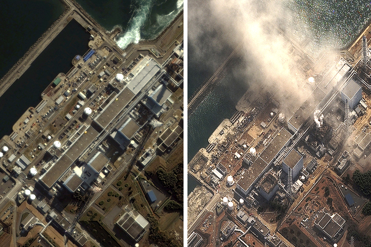 The Fukushima Daiichi nuclear plant on November 21, 2004 (L) and on March 14, 2011 (R) as the No.3 nuclear reactor is burning after a blast following an earthquake and tsunami. (Ho New / Reuters)
