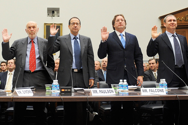 Kenneth Griffin, Philip Falcone, Jim Simons and John Paulson testify before a House Oversight and Government Reform Committee hearing on the regulation of hedge funds in 2008. (Reuters/Jonathan Ernst)