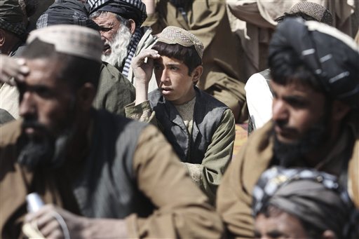 Afghan villagers listen to speeches of an Afghan official. (AP/Allauddin Khan)