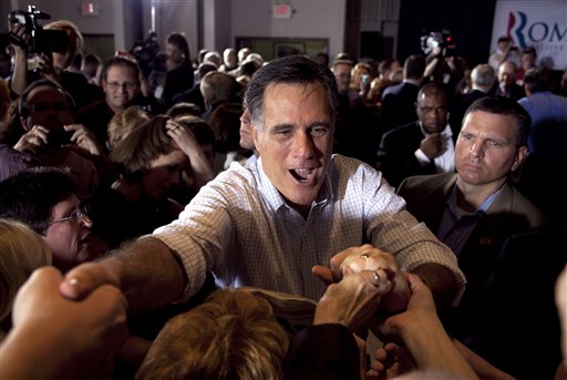 Republican presidential candidate, former Massachusetts Gov. Mitt Romney greets supporters during a campaign stop at an American Legion post in Arbutus, Md., Wednesday, March 21, 2012. (AP Photo/Steven Senne) (AP)
