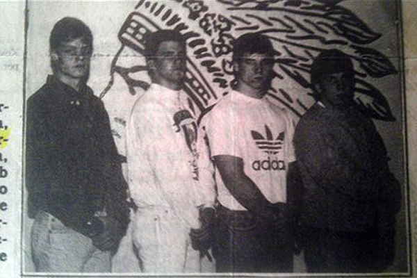 This Cincinnati Enquirer newspaper clipping provided by Steve Berling, shows Norwood High School football teammates from left, Berling, Scott Marcum, Marc Edwards and Robert Bales, posing for a photo during the 1990-91 school year, in Cincinnati. Bales is the Army soldier accused of gunning down 16 Afghan women and children in a nighttime rampage in Afghanistan. (AP/The Cincinnati Enquirer)