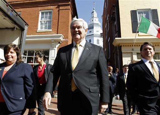 Republican presidential candidate, former House Speaker Newt Gingrich walks in the streets of Annapolis during a visit to Maryland State House, Tuesday, March, 27, 2012. (AP Photo/Jose Luis Magana) (AP)