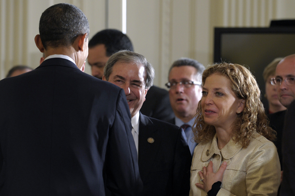 Democratic National Committee Chair, Rep. Debbie Wasserman Schultz speaks with President Barack Obama (AP/Susan Walsh)