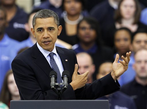President Barack Obama gestures during a speech on the economy,Friday, March 9, 2012, at the Rolls Royce  aircraft engine part production plant in Prince George, Va. (AP Photo/Steve Helber) (AP)