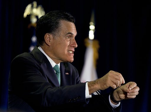 Republican presidential candidate, former Massachusetts Gov. Mitt Romney gestures during a campaign stop at NuVasive, Inc., a medical device company, Monday, March 26, 2012, in San Diego, Calif.. (AP Photo/Steven Senne) (AP)