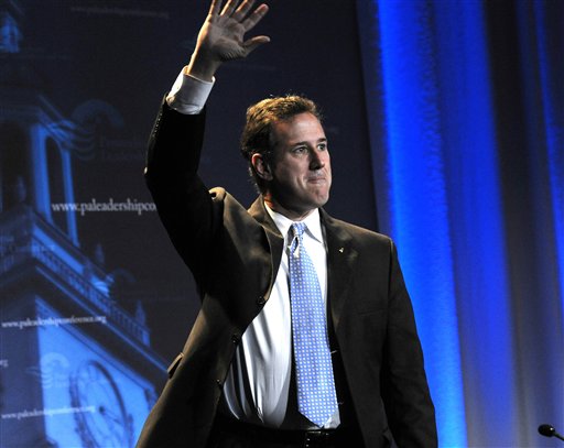 Republican Presidential candidate, former Sen. Rick Santorum, waves to guests at the Pennsylvania Leadership Conference in Camp Hill, Pa., Saturday March 24, 2012. There's little more than four weeks to go until the Pennsylvania presidential primary on April 24. The conference is the state's largest annual gathering of conservatives. (AP Photo/Jason Minick) (AP)