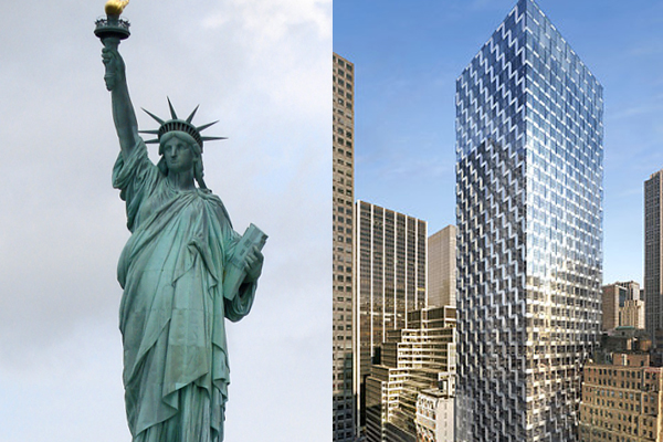 The Statue of Liberty and a rendering of the International Gem Tower in New York City (Wikipedia)