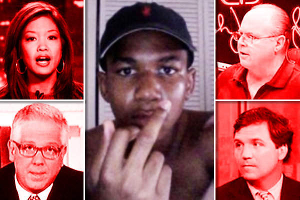 Center: A photo of Trayvon Martin, taken from his Twitter feed by the Daily Caller and disseminated by right-wing media.