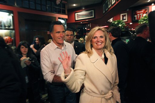 Republican presidential candidate, former Massachusetts Gov. Mitt Romney and his wife Ann greet patrons at the Montgomery Inn in Cincinnati, Ohio, Saturday, March 3, 2012. Mitt Romney stepped out to a solid lead over his Republican presidential rivals Saturday night in Washington state caucuses, a quiet prelude to 10 Super Tuesday contests next week in all regions of the country. (AP Photo/Gerald Herbert) (AP)