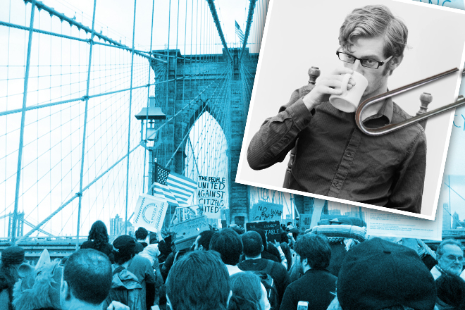 Malcolm Harris (inset) and Occupy Wall Street protesters on the Brooklyn Bridge. (Sam Margevicius/AP/Daryl Lang)