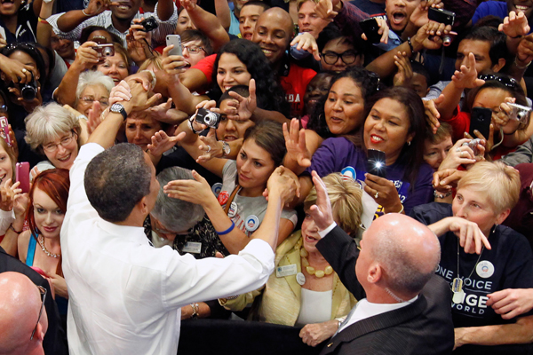 President Obama shakes hands with supporters after speaking about tax fairness and the economy in Boca Raton, Florida, on Tuesday. (Reuters/Kevin Lamarque)