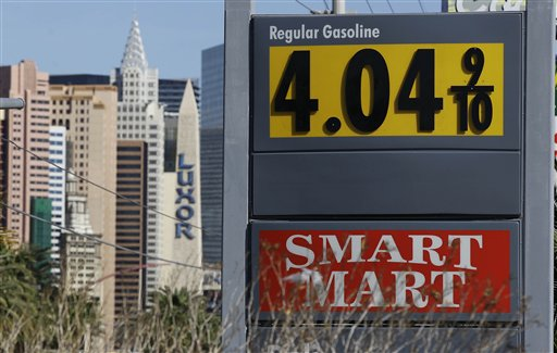 Gasoline prices of more than $4 are seen at a gas station on the south end of The Strip, Tuesday, March 20, 2012, in Las Vegas (AP Photo/Julie Jacobson)