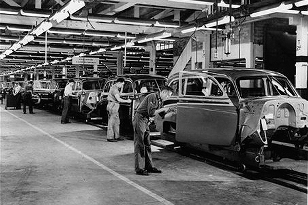 Workers at a General Motors factor ca. 1950