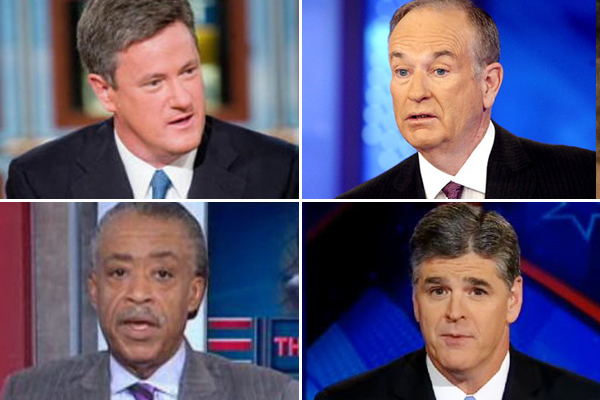 Clockwise from upper left: Joe Scarborough, Bill O'Reilly, Sean Hannity and Al Sharpton