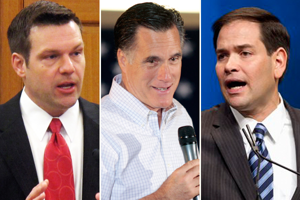 Kris Kobach, Mitt Romney, and Marco Rubio (AP/Reuters)
