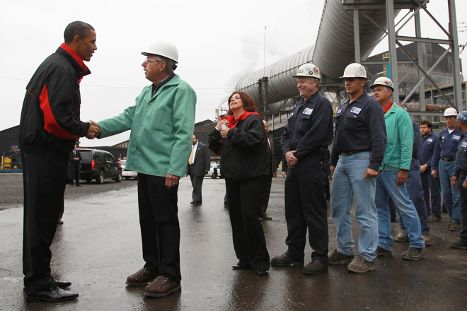 President Obama greets workers during a shift change at V&M Star in Youngstown, Ohio, in 2010. (Reuters/Jason Reed)