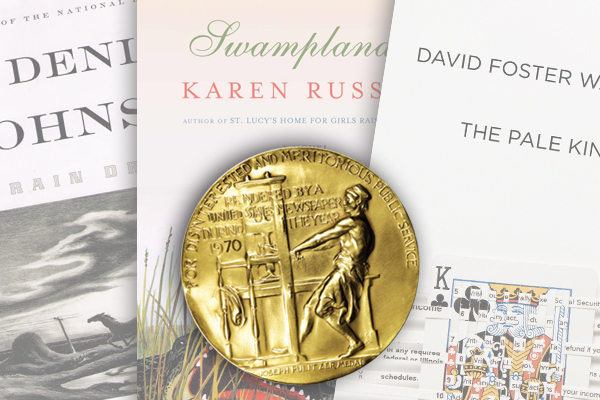 Details from the covers of "Train Dreams," "Swamplandia!" and "The Pale King"