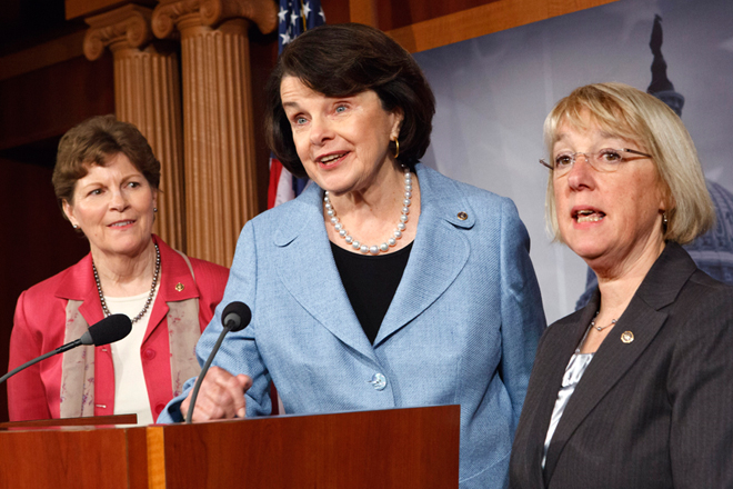 Sen. Jeanne Shaheen, D-N.H., Sen. Dianne Feinstein, D-Calif., and Sen. Patty Murray, D-Wash., talk to reporters about reauthorization of the Violence Against Women Act on Wednesday, April 18, 2012 (AP/J. Scott Applewhite)