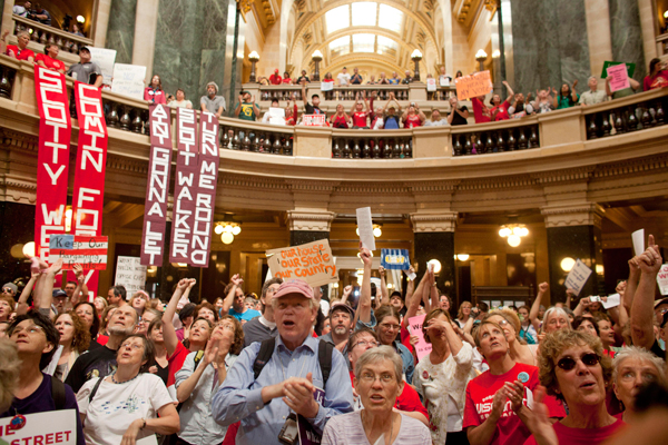Protesters at the Wisconsin state capitol building (Reuters/Darren Hauck)