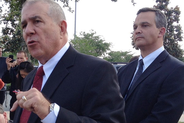 George Zimmerman's attorneys Hal Uhrig, left, and Craig Sonner speak during a news conference on Tuesday. (AP/Tamara Lush)