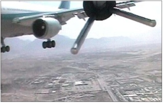 Photo still from a drone camera that nearly collided with a passenger jet over Kabul.