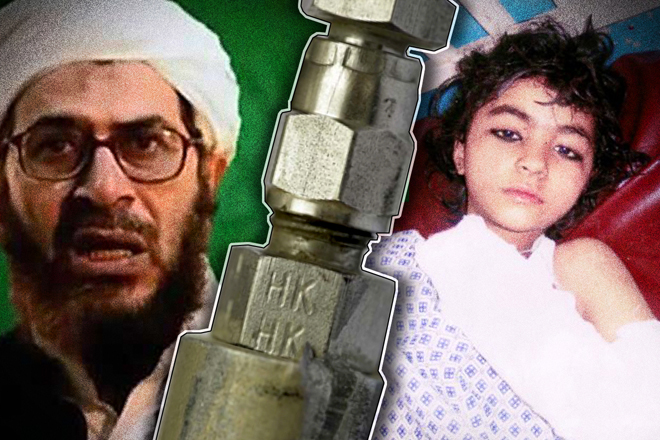 Al-Qaida commander Mustafa Abu Yazid; debris from a Hellfire missile; and Fatima, shortly before her death.