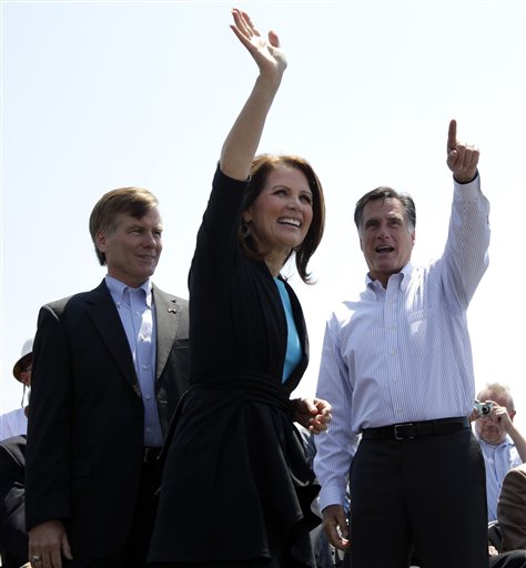 Republican presidential candidate, former Massachusetts Gov. Mitt Romney, right, Rep. Michele Bachmann, R-Minn., and Virginia Gov. Bob McDonnell, arrive at a campaign stop in Portsmouth, Va., Thursday, May 3, 2012. (AP Photo/Jae C. Hong) (AP)