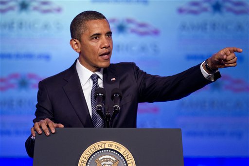 President Barack Obama gestures while speaking to the Building and Construction Trades Department Legislative Conference, Monday, April 30, 2012, in Washington.   (AP Photo/Evan Vucci) (AP)