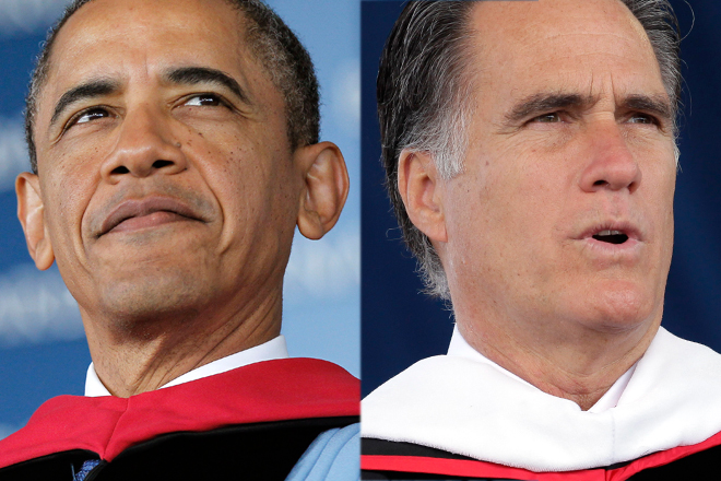 President Obama at Barnard College and Mitt Romney at Liberty University (AP)