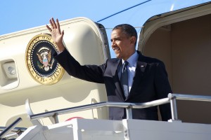 President Barack Obama waves upon his arrival at Peterson Air Force Base, Colo., Wednesday, May 23, 2012. (AP Photo/Pablo Martinez Monsivais)