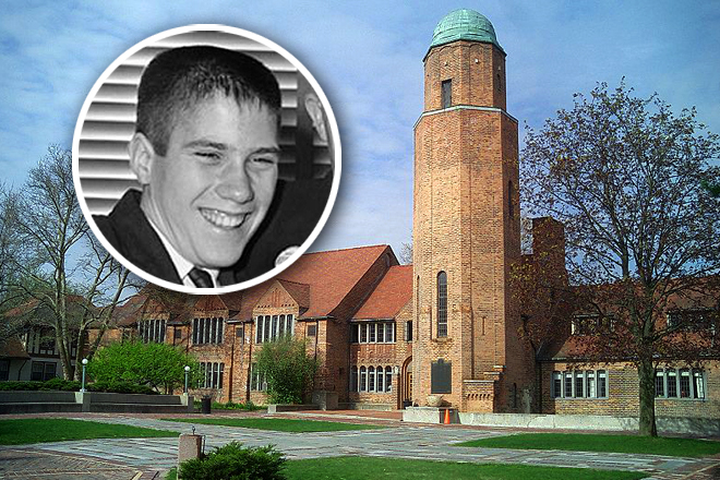 Mitt Romney in 1962 (inset) and Cranbrook Tower and Quadrangle (AP/Wikipedia)