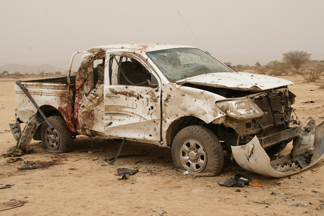 A destroyed vehicle allegedly belonging to al Qaeda-linked militants in Abyan, Yemen. (Reuters)