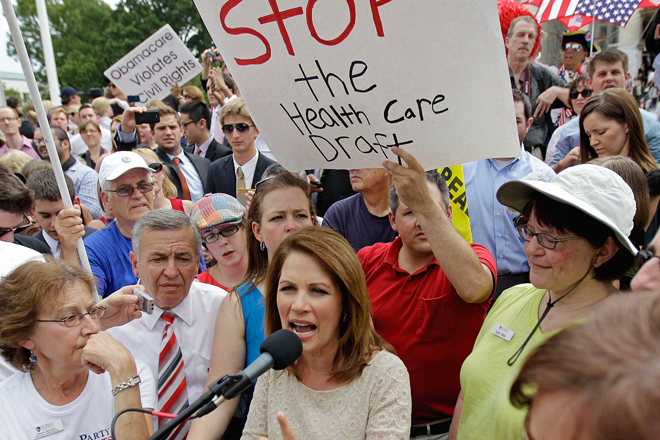 Michele Bachmann speaks outside the Supreme Court after the court's ruling on President Obama's health care law was announced on Thursday. (AP/David Goldman)
