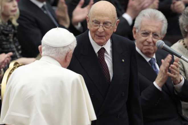 Pope Benedict XVI greets Italian President Giorgio Napolitano last month. (AP/Gregorio Borgia)