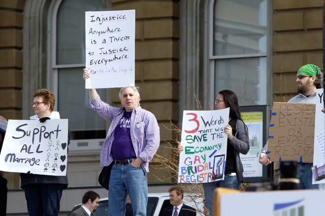 Gay marriage supporters at the Capitol in Des Moines, Iowa. (AP/Charlie Neibergall)