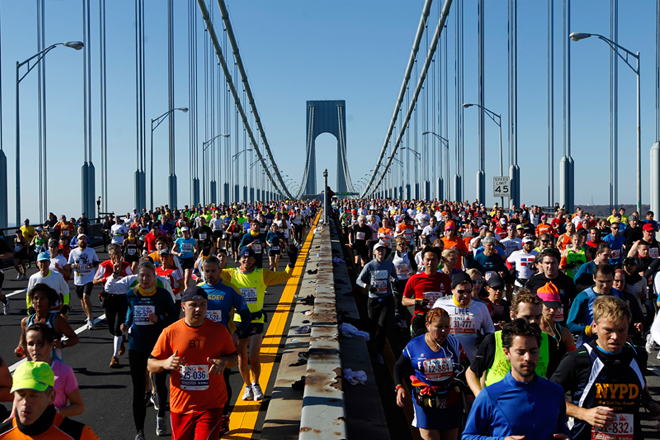 Runners cross the Verrazano-Narrows Bridge after the start of the New York City Marathon. (Reuters/Brendan McDermid)