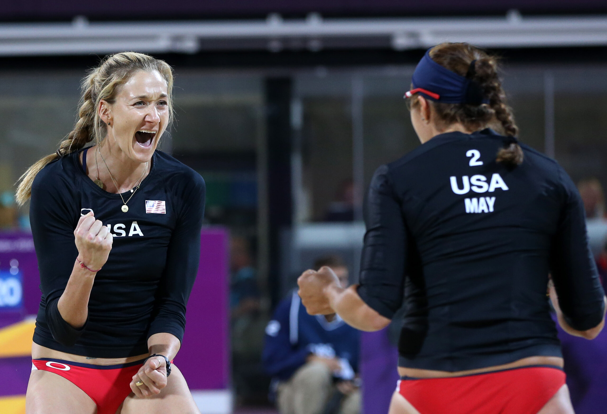 Walsh and May-Treanor celebrate during the Beach Volleyball match at the 2012 Summer Olympics, Saturday. (AP/Petr David Josek)
